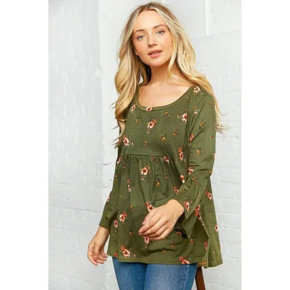 Olive Floral Bell Sleeve Babydoll Peplum Top - Picture 8 of 11